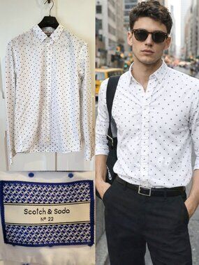 Scotch & Soda Polka Dot Button-Up Shirt White Blue Regular Fit Men’s XL